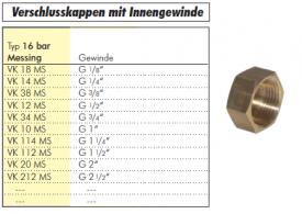 Verschlusskappen Messing mit Innengewinde bis 16 bar, alle Größen